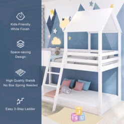 3ft Wooden Bunk Bed For Children, 90 X 190 Cm Mid-Sleeper Cabin Bed, Single Treehouse Canopy For Kids White -Children Furniture Store 58368855 4