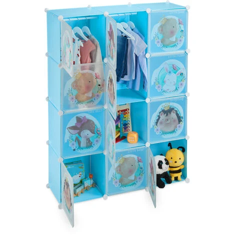 Relaxdays Plug-in Shelving Unit For Children, 2 Clothes Rods, Doors With Animals, HWD: 145x110x37 Cm, DIY Wardrobe, Blue 3 Relaxdays Plug-in Shelving Unit For Children, 2 Clothes Rods, Doors With Animals, HWD: 145x110x37 Cm, DIY Wardrobe, Blue