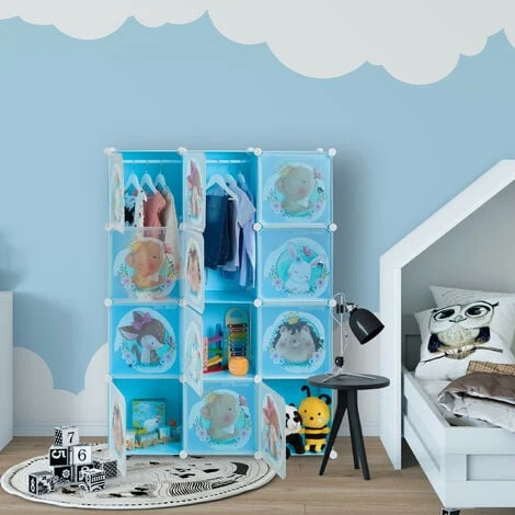Relaxdays Plug-in Shelving Unit For Children, 2 Clothes Rods, Doors With Animals, HWD: 145x110x37 Cm, DIY Wardrobe, Blue 4 Relaxdays Plug-in Shelving Unit For Children, 2 Clothes Rods, Doors With Animals, HWD: 145x110x37 Cm, DIY Wardrobe, Blue - Image 2