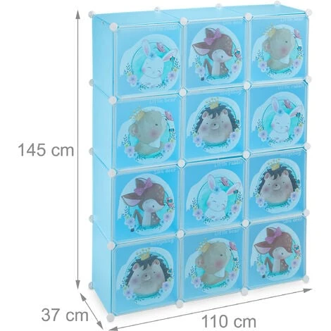 Relaxdays Plug-in Shelving Unit For Children, 2 Clothes Rods, Doors With Animals, HWD: 145x110x37 Cm, DIY Wardrobe, Blue 6 Relaxdays Plug-in Shelving Unit For Children, 2 Clothes Rods, Doors With Animals, HWD: 145x110x37 Cm, DIY Wardrobe, Blue - Image 4