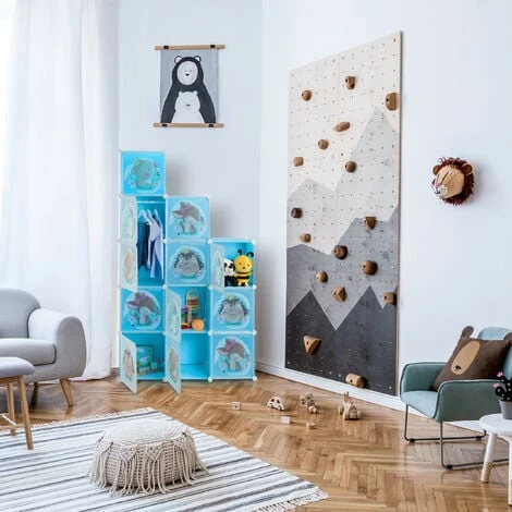 Relaxdays Plug-in Shelving Unit For Children, 2 Clothes Rods, Doors With Animals, HWD: 145x110x37 Cm, DIY Wardrobe, Blue 7 Relaxdays Plug-in Shelving Unit For Children, 2 Clothes Rods, Doors With Animals, HWD: 145x110x37 Cm, DIY Wardrobe, Blue - Image 5