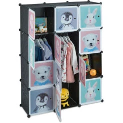 Relaxdays Plug-in Shelving Unit For Children, 8 Compartments, Doors With Animals, HWD: 145x109x37 Cm, DIY Storage, Black