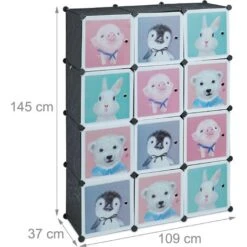 Relaxdays Plug-in Shelving Unit For Children, 8 Compartments, Doors With Animals, HWD: 145x109x37 Cm, DIY Storage, Black -Children Furniture Store 59405406 4