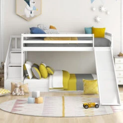 Bunk Bed With Stairs, Slide And Storage, Mid Sleeper, 90x190cm Children Bed 2 Drawers In The Steps, White
