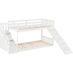 Bunk Bed With Stairs, Slide And Storage, Mid Sleeper, 90x190cm Children Bed 2 Drawers In The Steps, White -Children Furniture Store 59483446 3
