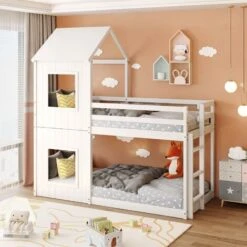 3FT Treehouse Bunk Bed, Cabin Bed Frame, Mid-Sleeper With Treehouse Canopy & Ladder (white)