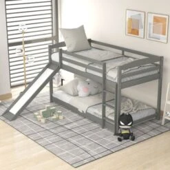 Children Bunk Bed, Wooden Bed Frame, Sleeper Bedstead With Slide, Ladder And Safety Guardrail, For Kids Teenagers Bedroom 90 X 190 Cm Gray