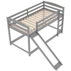 Children Bunk Bed, Wooden Bed Frame, Sleeper Bedstead With Slide, Ladder And Safety Guardrail, For Kids Teenagers Bedroom 90 X 190 Cm Gray -Children Furniture Store 64695060 3