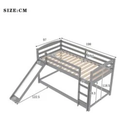 Children Bunk Bed, Wooden Bed Frame, Sleeper Bedstead With Slide, Ladder And Safety Guardrail, For Kids Teenagers Bedroom 90 X 190 Cm Gray -Children Furniture Store 64695060 5
