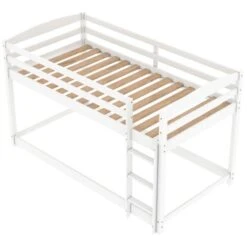Children Bunk Bed, Wooden Bed Frame, Sleeper Bedstead With Ladder And Safety Guardrail, For Kids Teenagers Bedroom 90 X 190 Cm White -Children Furniture Store 64695061 3