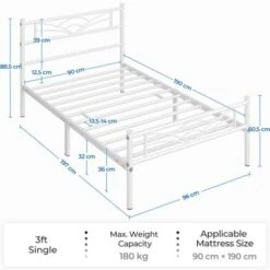Yaheetech 3ft Single Metal Bed Frame, 90x190cm, White -Children Furniture Store 69707656 3
