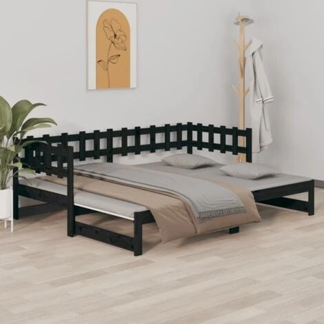 Pull-out Day Bed Black 2x(80x200) Cm Solid Wood Pine VidaXL 4 Pull-out Day Bed Black 2x(80x200) Cm Solid Wood Pine VidaXL - Image 2