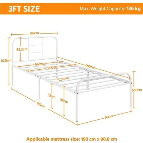 Yaheetech 3ft Single Metal Bed Frame Iron Bed Foundation,White 7 Yaheetech 3ft Single Metal Bed Frame Iron Bed Foundation,White - Image 5