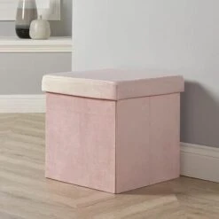 Square Folding Ottoman Velvet Blush Chest Storage Space Saving Bedding Box