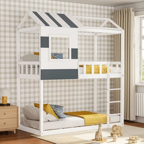 Livingandhome Modern Bunk Bed Slatted Board House Shaped 3 Livingandhome Modern Bunk Bed Slatted Board House Shaped