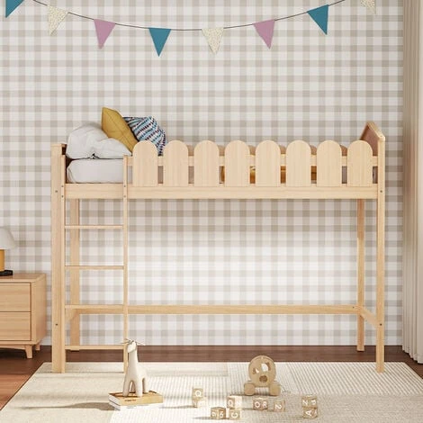 Livingandhome Pine Wood Loft Bed For Kids Room With Fence Rails 3 Livingandhome Pine Wood Loft Bed For Kids Room With Fence Rails