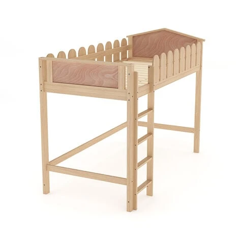 Livingandhome Pine Wood Loft Bed For Kids Room With Fence Rails 6 Livingandhome Pine Wood Loft Bed For Kids Room With Fence Rails - Image 4
