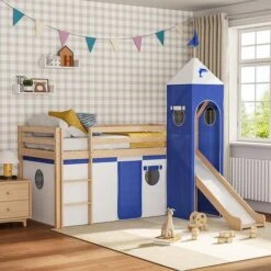Livingandhome Castle Pine Wood Loft Bed With Slide And Tent