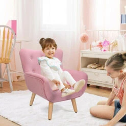 Pink Velvet Cute Child Armchair Childern Seat Wood Frame With Footrest Padding Foot Stool