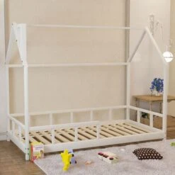 Livingandhome White Solid Pine Wood Frame House Double Kids Bedstead 9 Livingandhome White Solid Pine Wood Frame House Double Kids Bedstead -Children Furniture Store 76194361 3
