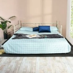 Single Metal Sofa Bed Day Bed With Trundle Bed, Can Be Extended From 95-177 Cm, White -Children Furniture Store 76957157 3