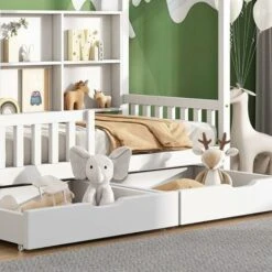 Cot With Multifunctional Storage Shelf And 2 Large Drawers With Storage Space And Chimney Shape 90 X 200 Cm (white + Bookcase 90 X 200 Cm) -Children Furniture Store 76957188 3