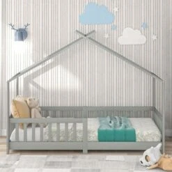 Children's Bed - Solid Wood With Fence And Slatted Frame - With Fall Protection For Children's And Teenagers' Rooms - Gray - 90 X 200 Cm