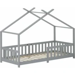 Children's Bed - Solid Wood With Fence And Slatted Frame - With Fall Protection For Children's And Teenagers' Rooms - Gray - 90 X 200 Cm -Children Furniture Store 76957207 4