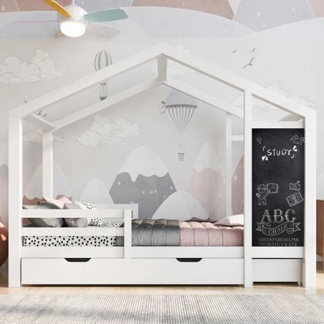 Children's Bed Bed 90 X 200 Cm, Wooden Bed With Table And 2 Drawers, Solid Wood With Fence And Slatted Frame, White (without Mattress) 3 Children's Bed Bed 90 X 200 Cm, Wooden Bed With Table And 2 Drawers, Solid Wood With Fence And Slatted Frame, White (without Mattress)