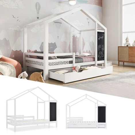 Children's Bed Bed 90 X 200 Cm, Wooden Bed With Table And 2 Drawers, Solid Wood With Fence And Slatted Frame, White (without Mattress) 4 Children's Bed Bed 90 X 200 Cm, Wooden Bed With Table And 2 Drawers, Solid Wood With Fence And Slatted Frame, White (without Mattress) - Image 2