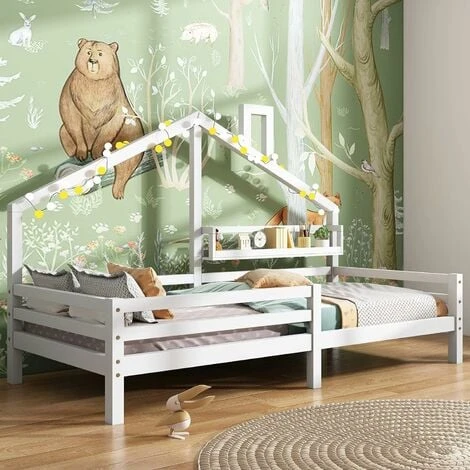 Children's Bed, Beautiful House Bed, Made Of Solid Wood With Fence And Slatted Frame, With Storage Shelf, Fireplace Shape For Children's And Teenagers' Rooms (White, 90 X 200 Cm) 3 Children's Bed, Beautiful House Bed, Made Of Solid Wood With Fence And Slatted Frame, With Storage Shelf, Fireplace Shape For Children's And Teenagers' Rooms (White, 90 X 200 Cm)