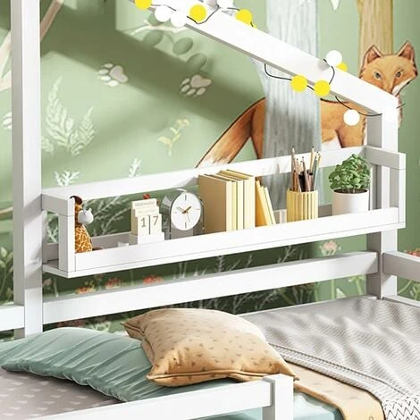 Children's Bed, Beautiful House Bed, Made Of Solid Wood With Fence And Slatted Frame, With Storage Shelf, Fireplace Shape For Children's And Teenagers' Rooms (White, 90 X 200 Cm) 4 Children's Bed, Beautiful House Bed, Made Of Solid Wood With Fence And Slatted Frame, With Storage Shelf, Fireplace Shape For Children's And Teenagers' Rooms (White, 90 X 200 Cm) - Image 2