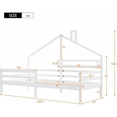 Children's Bed, Beautiful House Bed, Made Of Solid Wood With Fence And Slatted Frame, With Storage Shelf, Fireplace Shape For Children's And Teenagers' Rooms (White, 90 X 200 Cm) 5 Children's Bed, Beautiful House Bed, Made Of Solid Wood With Fence And Slatted Frame, With Storage Shelf, Fireplace Shape For Children's And Teenagers' Rooms (White, 90 X 200 Cm) - Image 3