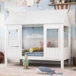 House Bed, Baby Bed, Day Bed With 2 Windows, Pine Frames, MDF Roof, White (200x90cm)
