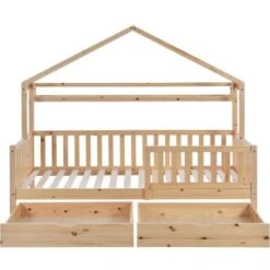 Wooden Colored Children's Bed, Bed House Bed With Drawers, Solid Wood With Slatted Frame, Pine Wood House Bed, Children's And Youth Room, 90x200 -Children Furniture Store 76957515 3