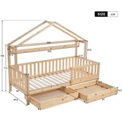 Wooden Colored Children's Bed, Bed House Bed With Drawers, Solid Wood With Slatted Frame, Pine Wood House Bed, Children's And Youth Room, 90x200 -Children Furniture Store 76957515 5