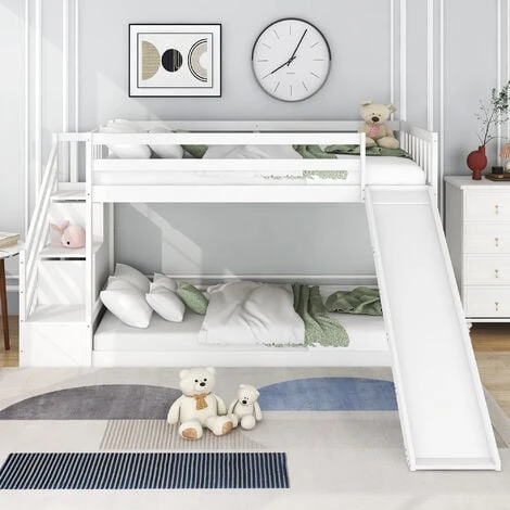Bunk Bed With Stairs And Slide Children Bed With Drawer 90x190cm, White 3 Bunk Bed With Stairs And Slide Children Bed With Drawer 90x190cm, White