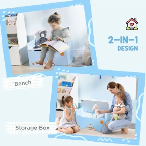 ZONEKIZ 2 In 1 Wooden Kids Storage Bench, Toy Box W/ Safety Rod - Blue 6 ZONEKIZ 2 In 1 Wooden Kids Storage Bench, Toy Box W/ Safety Rod - Blue - Image 4