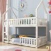 Bunk Bed House Bed Kid Bed 3FT Single Bed Wooden Bed Frame For Kids With Ladder And Guard Rail 90x190 Cm White