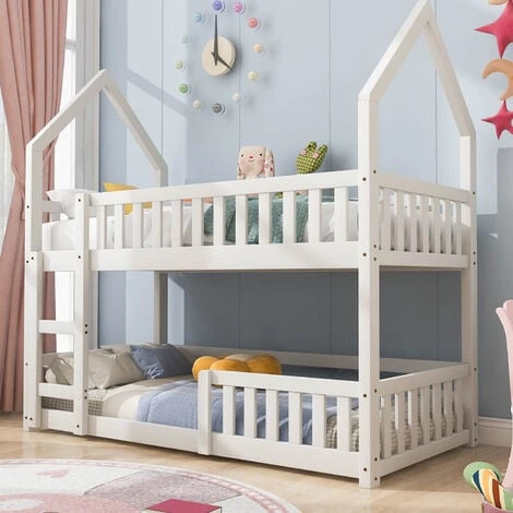 Bunk Bed House Bed Kid Bed 3FT Single Bed Wooden Bed Frame For Kids With Ladder And Guard Rail 90x190 Cm White 3 Bunk Bed House Bed Kid Bed 3FT Single Bed Wooden Bed Frame For Kids With Ladder And Guard Rail 90x190 Cm White