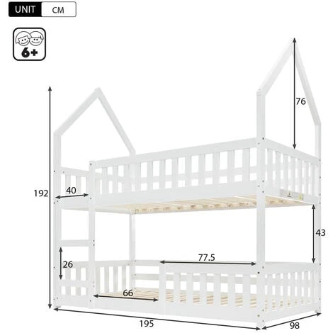 Bunk Bed House Bed Kid Bed 3FT Single Bed Wooden Bed Frame For Kids With Ladder And Guard Rail 90x190 Cm White 7 Bunk Bed House Bed Kid Bed 3FT Single Bed Wooden Bed Frame For Kids With Ladder And Guard Rail 90x190 Cm White - Image 5