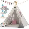 Spielwerk Children's Teepee Tent Fairy Lights Kid's 2.5cm Floor Play Mat 3 Pillows Cotton Carry Bag Tipi Playhouse Indoor 120x120x160cm Wigwam Rose -Children Furniture Store 79598953 1
