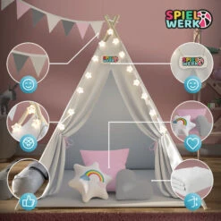 Spielwerk Children's Teepee Tent Fairy Lights Kid's 2.5cm Floor Play Mat 3 Pillows Cotton Carry Bag Tipi Playhouse Indoor 120x120x160cm Wigwam Rose 9 Spielwerk Children's Teepee Tent Fairy Lights Kid's 2.5cm Floor Play Mat 3 Pillows Cotton Carry Bag Tipi Playhouse Indoor 120x120x160cm Wigwam Rose -Children Furniture Store 79598953 3