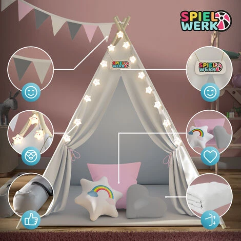 Spielwerk Children's Teepee Tent Fairy Lights Kid's 2.5cm Floor Play Mat 3 Pillows Cotton Carry Bag Tipi Playhouse Indoor 120x120x160cm Wigwam Rose 5 Spielwerk Children's Teepee Tent Fairy Lights Kid's 2.5cm Floor Play Mat 3 Pillows Cotton Carry Bag Tipi Playhouse Indoor 120x120x160cm Wigwam Rose - Image 3