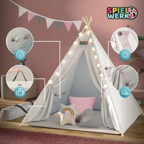 Spielwerk Children's Teepee Tent Fairy Lights Kid's 2.5cm Floor Play Mat 3 Pillows Cotton Carry Bag Tipi Playhouse Indoor 120x120x160cm Wigwam Rose 6 Spielwerk Children's Teepee Tent Fairy Lights Kid's 2.5cm Floor Play Mat 3 Pillows Cotton Carry Bag Tipi Playhouse Indoor 120x120x160cm Wigwam Rose - Image 4