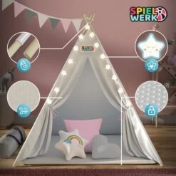 Spielwerk Children's Teepee Tent Fairy Lights Kid's 2.5cm Floor Play Mat 3 Pillows Cotton Carry Bag Tipi Playhouse Indoor 120x120x160cm Wigwam Rose 11 Spielwerk Children's Teepee Tent Fairy Lights Kid's 2.5cm Floor Play Mat 3 Pillows Cotton Carry Bag Tipi Playhouse Indoor 120x120x160cm Wigwam Rose -Children Furniture Store 79598953 5