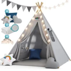 Spielwerk Children's Teepee Tent Fairy Lights Kid's 2.5cm Floor Play Mat 3 Pillows Cotton Carry Bag Tipi Playhouse Indoor 120x120x160cm Wigwam Blue