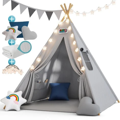 Spielwerk Children's Teepee Tent Fairy Lights Kid's 2.5cm Floor Play Mat 3 Pillows Cotton Carry Bag Tipi Playhouse Indoor 120x120x160cm Wigwam Blue 3 Spielwerk Children's Teepee Tent Fairy Lights Kid's 2.5cm Floor Play Mat 3 Pillows Cotton Carry Bag Tipi Playhouse Indoor 120x120x160cm Wigwam Blue