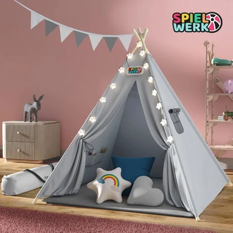 Spielwerk Children's Teepee Tent Fairy Lights Kid's 2.5cm Floor Play Mat 3 Pillows Cotton Carry Bag Tipi Playhouse Indoor 120x120x160cm Wigwam Blue 4 Spielwerk Children's Teepee Tent Fairy Lights Kid's 2.5cm Floor Play Mat 3 Pillows Cotton Carry Bag Tipi Playhouse Indoor 120x120x160cm Wigwam Blue - Image 2