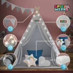 Spielwerk Children's Teepee Tent Fairy Lights Kid's 2.5cm Floor Play Mat 3 Pillows Cotton Carry Bag Tipi Playhouse Indoor 120x120x160cm Wigwam Blue 9 Spielwerk Children's Teepee Tent Fairy Lights Kid's 2.5cm Floor Play Mat 3 Pillows Cotton Carry Bag Tipi Playhouse Indoor 120x120x160cm Wigwam Blue -Children Furniture Store 79598954 3